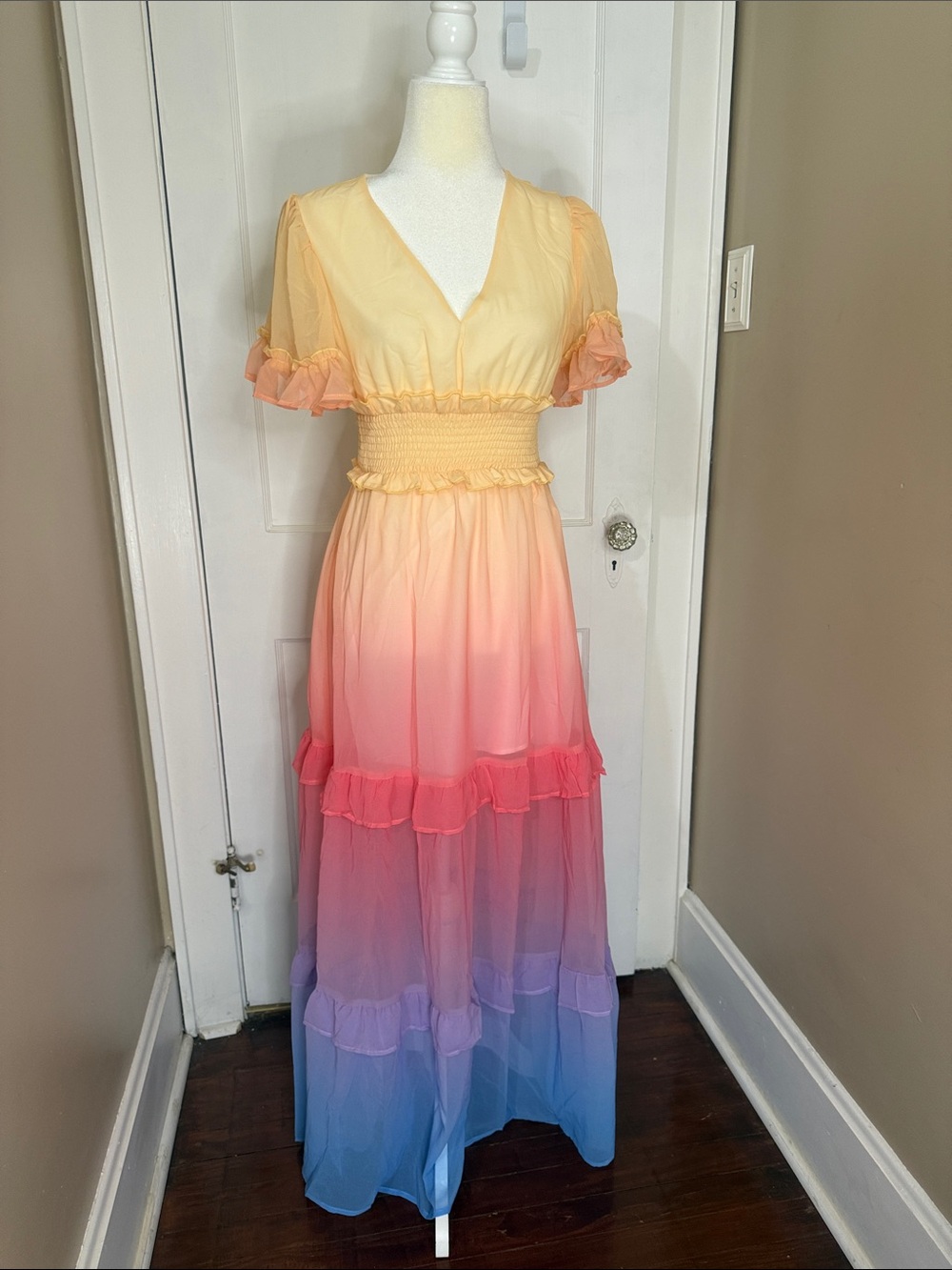 Main Strip Ombre Maxi Dress in Yellow, Pink & Blue